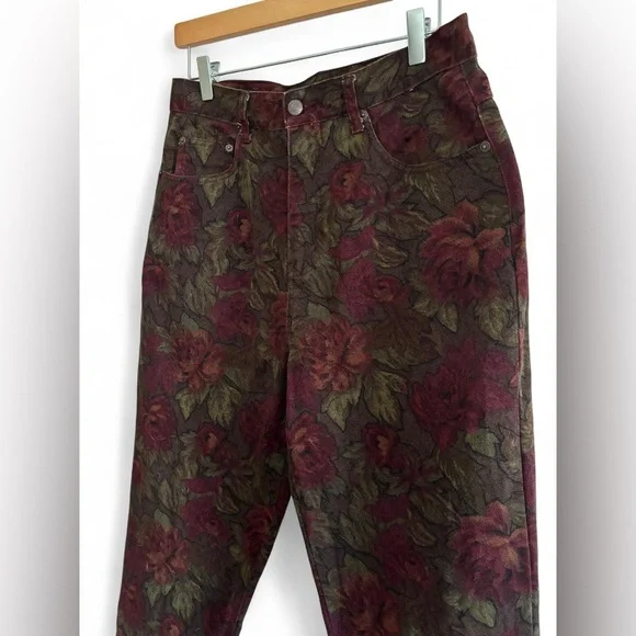 Vintage Bill Blass Floral Straight leg Jeans in Burgundy and Olive - Picture 2 of 8